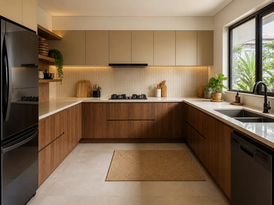 Model kitchen set letter U realistis dengan tiga bidang kerja